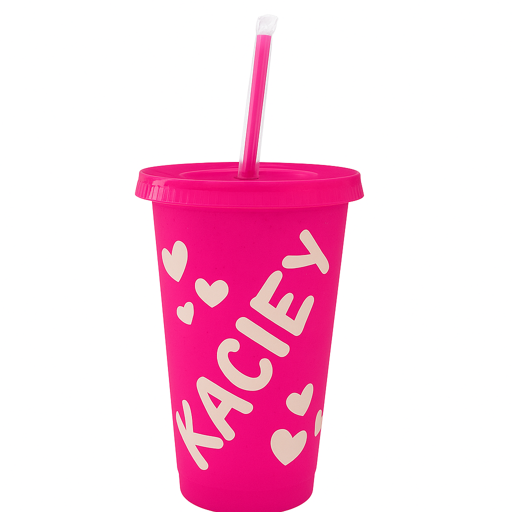 Personalized Pink Plastic Tumbler with Name & Hearts | Custom Gift by CraZyCuts